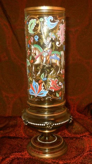 Antique German Baronial Enamel Art Glass Vase With Knight On Horseback,  Prunts