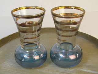 Vintage Mid - Century Modern 1960s Gold Striped And Blue Vases