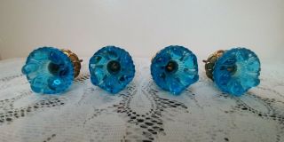 Vintage Blue Glass Knobs Pulls Drawer / Cabinet W/raised Design Set Of 4
