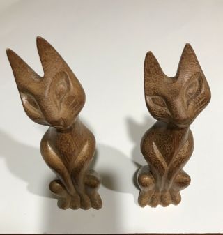 Hand Carved Solid Wood Siamese Cats 7.  5 " & 8.  5 "