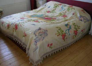 Antique / Vintage Italian 1900’s Hand Painted Bedspread / Coverlet