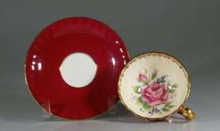 Aynsley Burgundy With Pink Roses Oban Tea Cup And Saucer,  England C.  1930