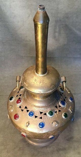 Vintage Jeweled Pierced Brass Table Light Lamp Moroccan Middle Eastern