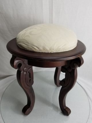 Vintage Victorian Wooden Stool With Curved Legs And Floral Needlepoint Seat