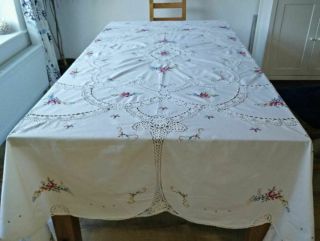 Antique / Vintage Italian Handmade Cross Stitch And Lace Crochet Tablecloth