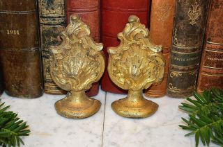 Antique Pair French Gilt Ormolu Drapery Curtain Pole Finials Acanthus Post Ends