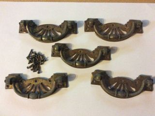 Victorian Cast Brass Chest Of Drawers Handles.  X 5 With Fixing Screws