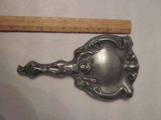 Antique Art Nouveau Cupid Pewter Hand Mirror Arrow Relief Embossed Deco