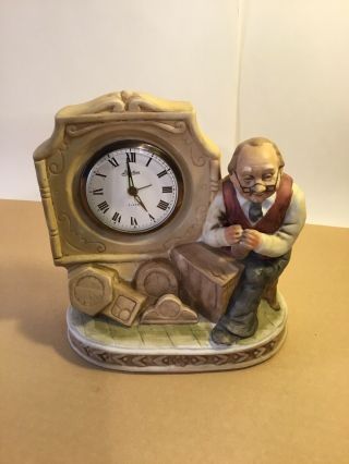 Vintage Linden Wind Up Alarm Clock With An Old Man Sitting Figurine