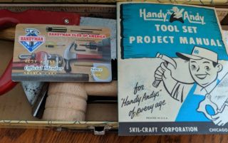Neat Vintage Handy Andy Tool Set In Metal Box With Tools & Instruction Booklet