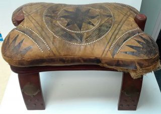 Vintage Egyptian Camel Foot Stool Ottoman Saddle Leather Wood La6075