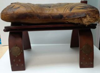 Vintage Egyptian Camel Foot Stool Ottoman Saddle Leather Wood LA6075 3