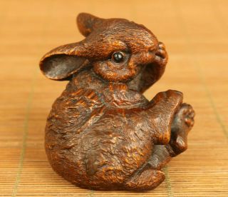 Chinese Old Boxwood Rabbit Figure Statue Collectable Noble Table Home Decoration