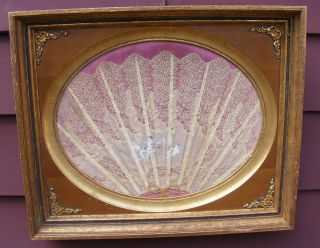 Antique Victorian Framed Lace Fan W/ Stays Cherubs