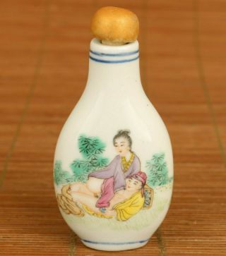 Chinese Old Porcelain Hand Painting Art Woman Hug Statue Figure Snuff Bottle