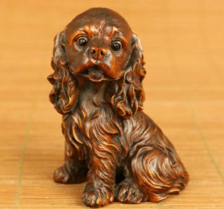 Chinese Old Boxwood Hand Carved Curly Hair Dog Statue Netsuke Table Decoration