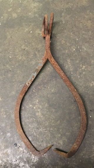 Vintage Farm Primitive Antique Hay Bale / Ice Block Tongs Hook Grabber 5