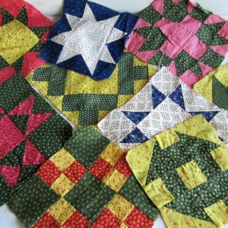19thc Antique Quilt Block Squares Red Green Blue Pink Chrome 1800 