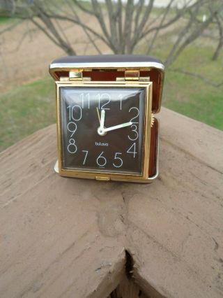 Vintage Bulova Folding Travel Alarm Clock Brown Leather Case Japan