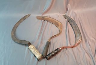 3 Antique Hand Scythe Sickle Primitive Farm Tools Wood Handle Curved Blade