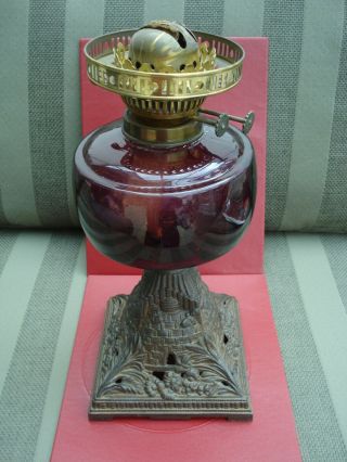 Victorian Oil Lamp Base With Maroon Glass Bowl & Double Burner