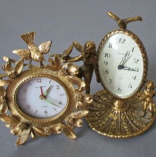 2 Vintage Decorative Gilt Ormolu Clocks Birds Flowers Cherubs Globe,  Matson