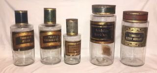 Set Of 5 Antique French Blown Glass Apothecary Jars With Painted Lids