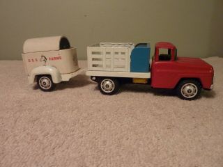 Sss Japan Tin Toy Friction Truck And Hose Trailer Combo 1960 