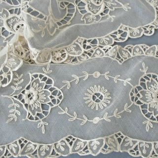 2 Vintage Creamy French Tambour Lace Doilies 11 - 14 " Embroidered Flowers Openwork