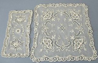 2 Vintage Creamy French TAMBOUR LACE Doilies 11 - 14 