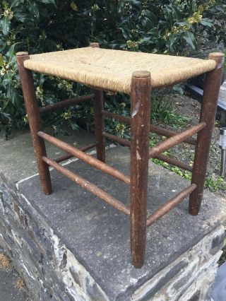 Vintage Antique Wood Weaved Stool Rustic Reed Rattan Rush Arts And Crafts Seat