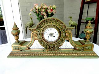 Antique Victorian French Samuel Marti Gilt Carved Wood Mantel Clock W/birds,  Urns