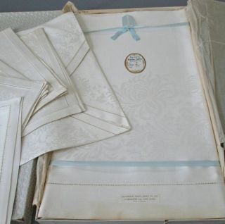 Vintage Pure Irish Linen Damask Tablecloth 84 " X66 ",  6 Napkins Orig Box