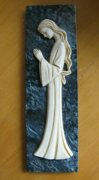 Vintage Praying Young Lady Low Flowing Hair On Green Marble Plaque Religious