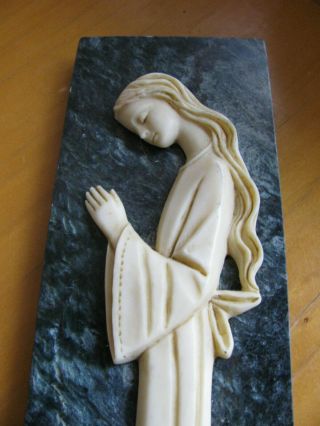 Vintage Praying Young Lady Low Flowing Hair on Green Marble Plaque Religious 2