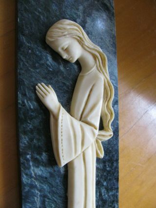 Vintage Praying Young Lady Low Flowing Hair on Green Marble Plaque Religious 4
