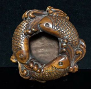 Ancient China Collectable Old Boxwood Carve Three Royal Goldfish Royal Ink - Stone