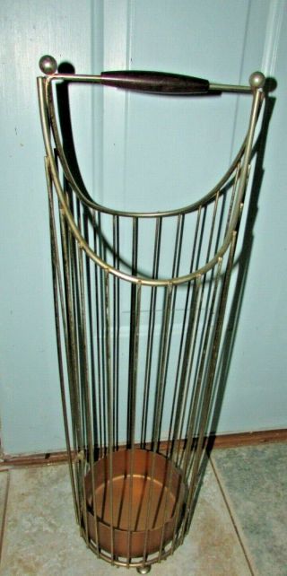Vintage Mid Century Modern Brass & Teak Umbrella Stand Atomic Design