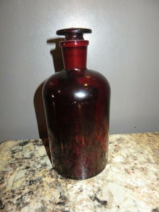 Vintage Ruby Red Glass Apothecary Medicine Chemist Pyrex Bottle W/ Stopper