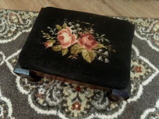 Antique Wood 6 " Foot Stool With Embroidered Floral Tapestry 12 " X 9 " Padded Rest