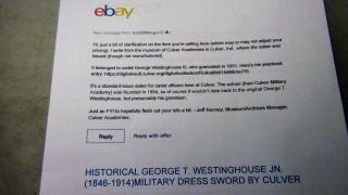 HISTORICAL GEORGE T.  WESTINGHOUSE JN.  (1846 - 1914) MILITARY DRESS SWORD BY CULVER 12