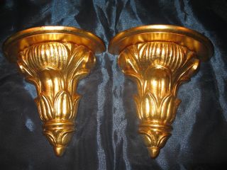 Vintage Pair 8 " Italian Florentine 24k Gold Gilt Acanthus Wall Shelves Sconces