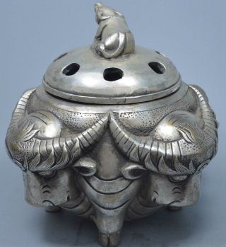 Collectable Miao Silver Carve Ancient Four Bull Old Art Delicate Incense Burner 3