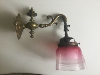 Art Nouveau Brass Gas Wall Light Scone With Cranberry Etched Shade Converted