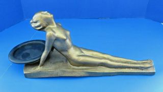 Vintage Frankart Style Deco Nude Female Statue W Tray 12.  5 " Long & 6 " Tall