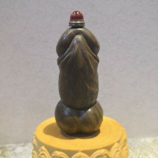 Collectable Ancient Natural Green Tan Wood Top - Grade Carving Snuff Bottle