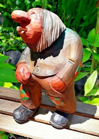 Norwegian Hand Carved,  Troll With Pipe,  Expertly Crafted 7 " Vintage Norway