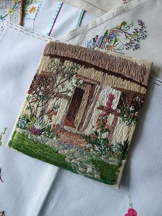 Vintage Hand Embroidered Picture Panel - Charming Little Cottage & Flower Garden