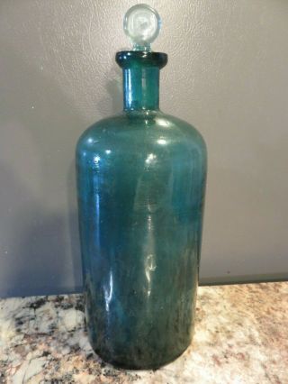 Antique Aqua Blue Glass Apothecary Medicine Chemist Bottle W/ Stopper Drug Store