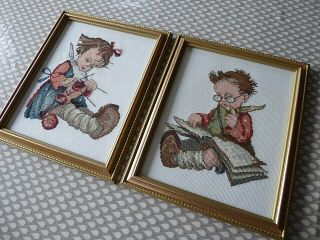 Vintage Hand Embroidered/ Cross Stitch Pictures - Pair - Adorable Children